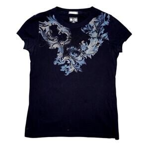 Y2K Converse One Star Baroque Graphic T-Shirt  XS – Black & Blue Scroll Print